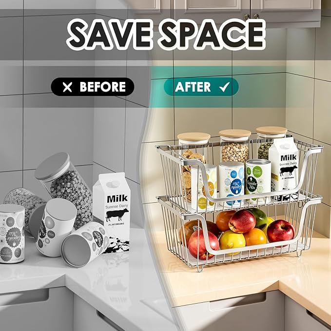 GAOKASE 4 Pcs Stackable Wire Baskets for Pantry Organizers and Storage,Vegetable Fruit Basket for Countertop,Kitchen Storage Metal Baskets,Produce Potato Onion Storage Bin,silver