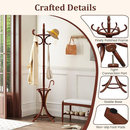 Tangkula Coat Rack with Umbrella Holder, 73 Inch Freestanding Coat Hanger Stand with 12 Hooks, Wooden Entryway Coat Tree for Clothes, Bags, Hats, Scarves, Living Room, Bedroom, Hallway (Reddish Brown)