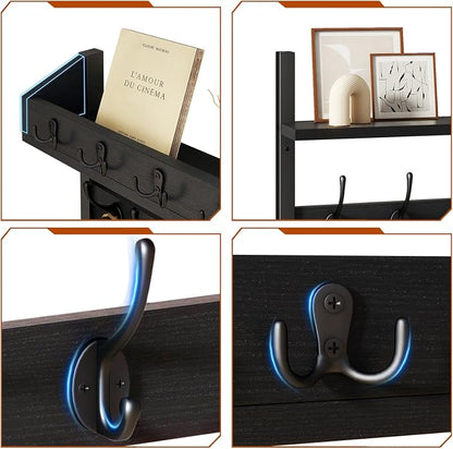 YMYNY 31.5" Coat Rack Wall Mount with Shelf, 4 in 1 Key and Coat Hanger with 12 Metal Hooks, Wall Shelf with Hooks & Mail Holder for Living Room, Bedroom, Black, HWS007B-2