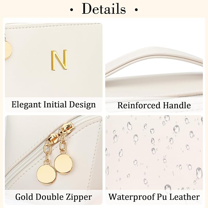 Valentine's Day Gifts for Women Teen Girl, Personalized Initial Makeup Organizer Bag Set, Open Flat Travel Cosmetic Bag With Clear Divider and Handle(Beige,N)