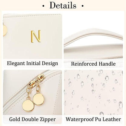 Valentine's Day Gifts for Women Teen Girl, Personalized Initial Makeup Organizer Bag Set, Open Flat Travel Cosmetic Bag With Clear Divider and Handle(Beige,N)