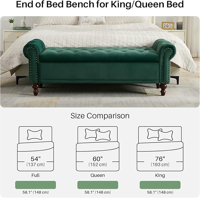 58.1" Storage Bench Upholstered Velvet End of Bedroom Bed Bench Ottoman with Tufted Cushioned Rolled Arm Large Storage Space for Reading Living Room Entryway,Dark Green