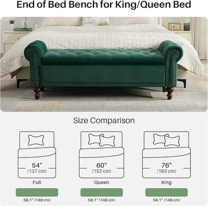 58.1" Storage Bench Upholstered Velvet End of Bedroom Bed Bench Ottoman with Tufted Cushioned Rolled Arm Large Storage Space for Reading Living Room Entryway,Dark Green
