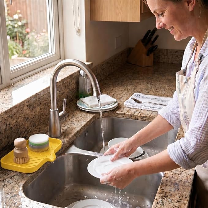 MicoYang Silicone Soap Dish with Drain Spout — Self-Draining Sink Organizer Tray for Bathroom & Kitchen, Sponges, Dispensers & Soap Holder, Non-Slip & Dishwasher Safe, Yellow (Medium, 9.6"×5.3")
