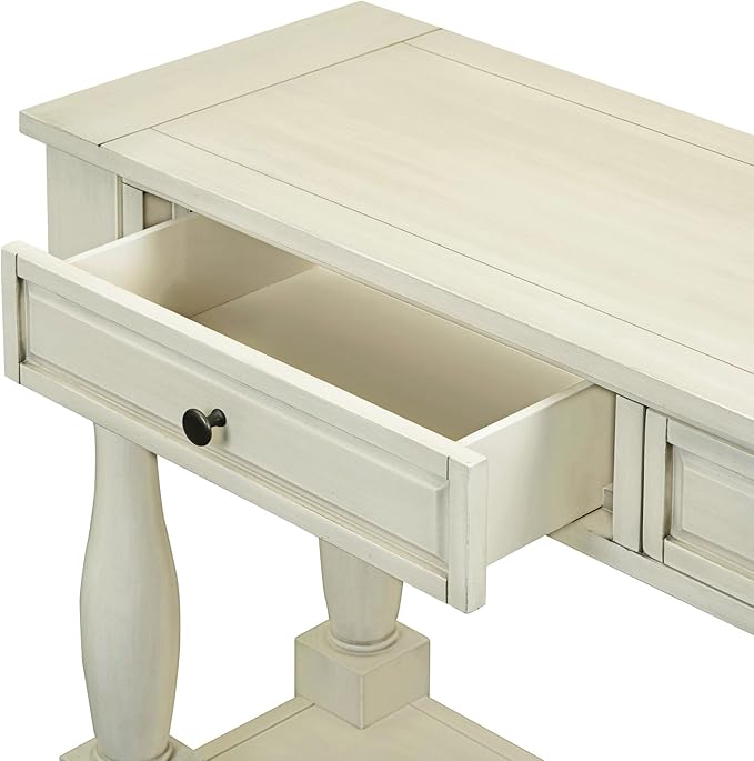 Knocbel 64 Inch Long Antique Entry Console Table with Drawers & Bottom Open Shelf, Solid Wood Sofa Couch Table for Entryway Hallway Living Room (Antique White)