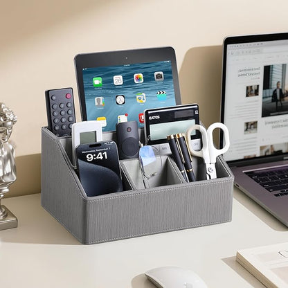 PU Leather Desk Organizer, Luxury Remote Control Holder for Home, Office Desk Accessories Table Caddy Bedside Nightstand Organizer (Grey)
