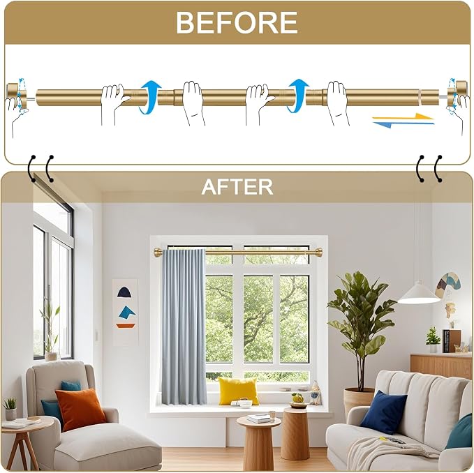 YNL Shower Curtain Rod 34-82 Inches (2.8-6.8ft) Adjustable Spring Shower Rod No Drilling, Non-Slip, Never Rust, Stainless Steel, Suitable for Bathroom Window Living room, Gold
