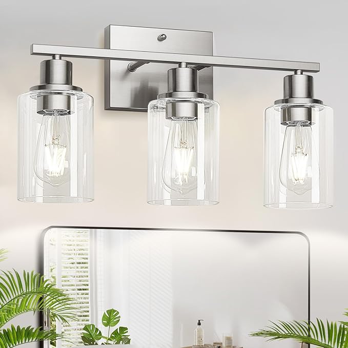 3-Light Bathroom Light Fixtures, Vanity Light with Clear Glass Shades, Brushed Nickel Bathroom Light Fixtures Over Mirror, Modern Bathroom Wall Lamp for Mirror Living Room Cabinet Bedroom