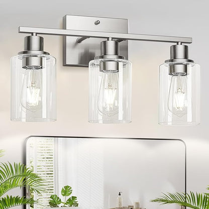 3-Light Bathroom Light Fixtures, Vanity Light with Clear Glass Shades, Brushed Nickel Bathroom Light Fixtures Over Mirror, Modern Bathroom Wall Lamp for Mirror Living Room Cabinet Bedroom