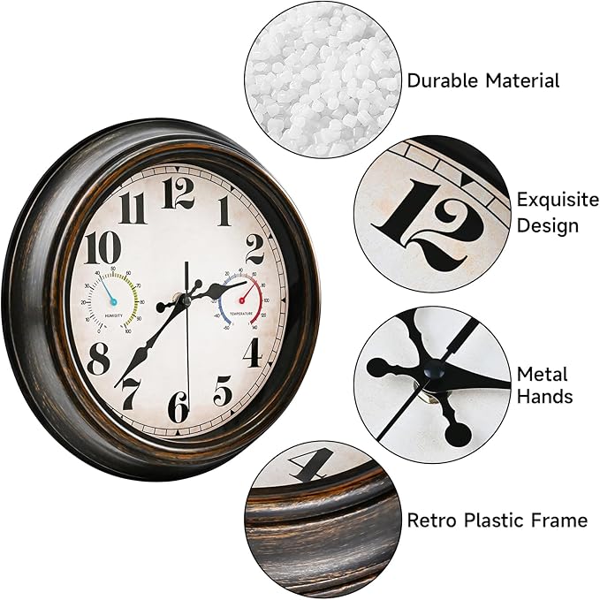 Outdoor Clock Thermometer Combo - Retro Silent Wall Clocks, 12Inch Large Indoor Outdoor Clock with Temperature and Humidity, Battery Operated Non Ticking Classic Vintage Clocks Wall Decorative