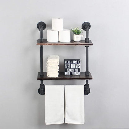 Industrial Pipe Shelf Bathroom Shelves Wall Mounted,19.6in Rustic Wood Shelf with Towel Bar,2 Tier Farmhouse Towel Rack Over Toilet,Pipe Shelving Floating Shelves Towel Holder,Retro Black