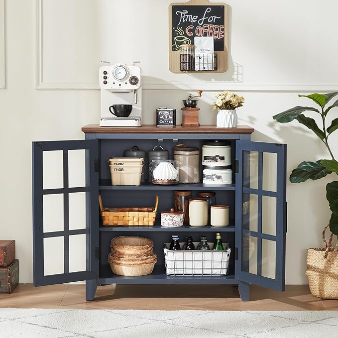 Large Sideboard Buffet Cabinet with Storage, 32" Farmhouse Kitchen Coffee Wine Bar Cabinet with 2 Glass Doors, Wood Mid Century Modern Side Board Table for Dining Room, Living Room, Navy Blue