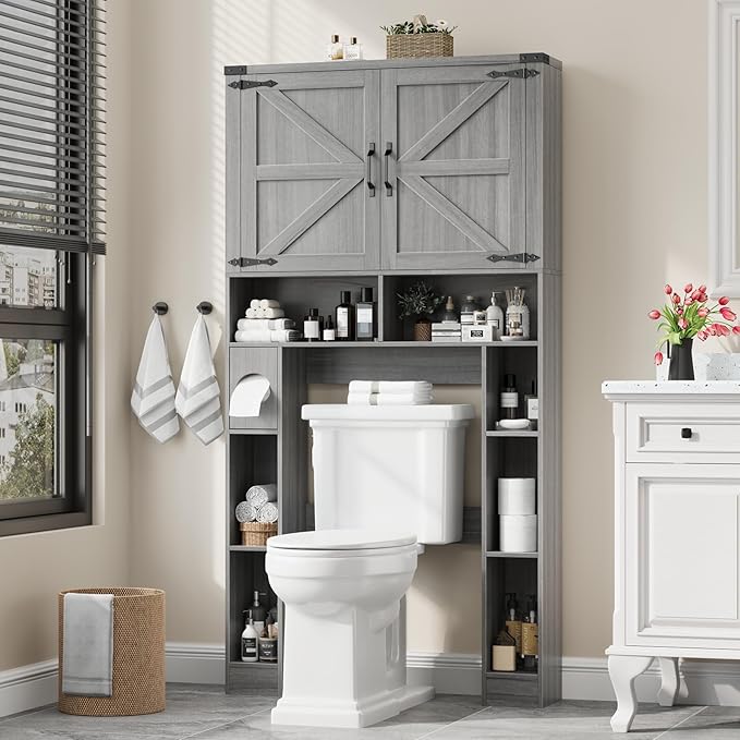 Vabches Over The Toilet Storage Cabinet, Farmhouse Storage Cabinet Over Toilet with 2 Barn Doors ，Toilet Paper Holder Stand，Home Space-Saving Toilet Rack, for Laundry, Restroom, Bathroom.Grey.