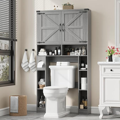Vabches Over The Toilet Storage Cabinet, Farmhouse Storage Cabinet Over Toilet with 2 Barn Doors ，Toilet Paper Holder Stand，Home Space-Saving Toilet Rack, for Laundry, Restroom, Bathroom.Grey.