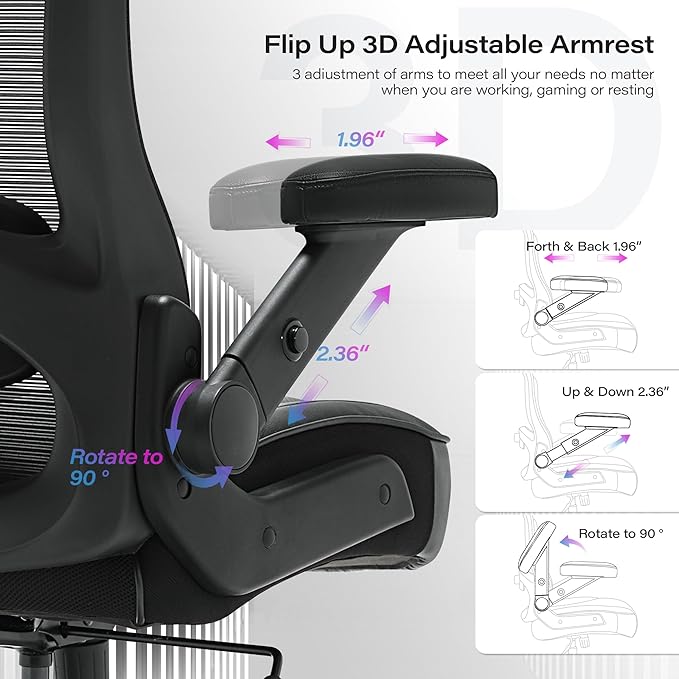 600lbs Big and Tall Office Chair- Heavy Duty Executive Computer Chair with 3D Flip Arms Large Wheels, Ergonomic Mesh High Back Desk Chair, Extra Wide Seat Adjustable Lumbar Support&Headrest