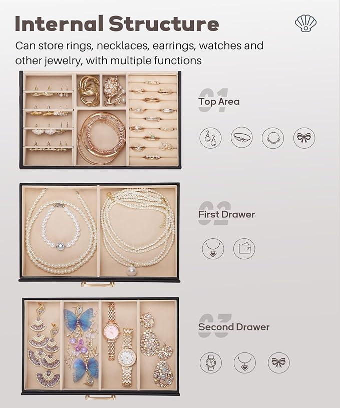 Jewelry Box with 2 Drawers: Display Organizer for Earrings Necklaces - Gifts for Girls Women (Black)