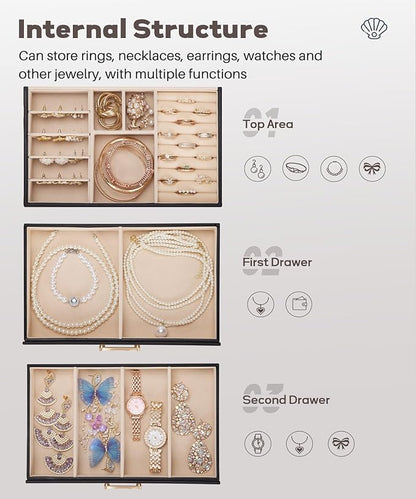 Jewelry Box with 2 Drawers: Display Organizer for Earrings Necklaces - Gifts for Girls Women (Black)