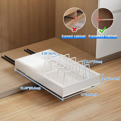 Mustorn 2 Pack Pull Out Cabinet Organizer with 8 Dividers,21.8" Deep Slide Out Drawers for Cabinets Adhesive Pull Out Drawers Heavy Duty Pull Out Shelves for Kitchen, Cupboard, Pantry, Bathroom-White