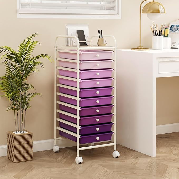 RELAX4LIFE 10 Drawer Rolling Cart - Slim Storage Cart w/Lockable Wheels for Classroom School Teacher Office, Art Supplies Paper Scrapbook Craft Organizers, Utility Cart with Drawers (Gradient Purple)
