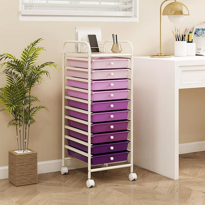 RELAX4LIFE 10 Drawer Rolling Cart - Slim Storage Cart w/Lockable Wheels for Classroom School Teacher Office, Art Supplies Paper Scrapbook Craft Organizers, Utility Cart with Drawers (Gradient Purple)