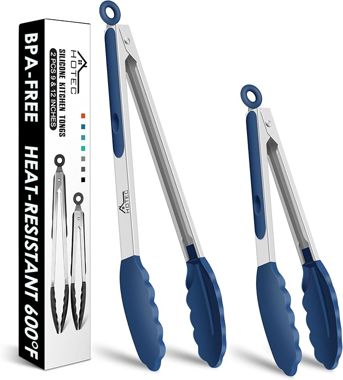 HOTEC Premium Stainless Steel Locking Kitchen Tongs with Silicon Tips, Set of 2-9" and 12", Classic Blue