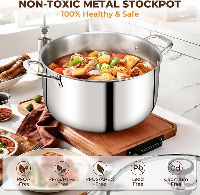 Tri-Ply Stainless Steel Stock Pot, 12 Quart Heavy Duty Induction Cooking Pot with Visible Lid for Pasta, Soup, Spaghetti, Sturdy & Double Handle, Dishwasher Safe