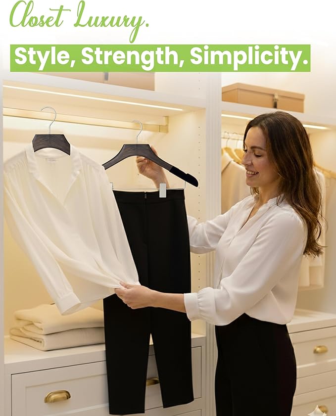 Wooden Hangers with Clips for Women, Solid Wood Skirt & Suit Hangers, Heavy-Duty Adjustable Non-Slip Design with Velvet Grip, Mahogany with Black Velvet, 30 pcs