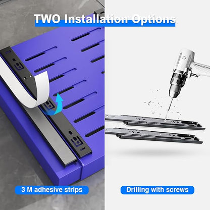 Mustorn 2 Pack Pull Out Cabinet Organizer, Expandable Slide Out Drawers for Kitchen Cabinets Peel and Stick Pullout Drawer Heavy Duty Sliding Shelves for Cupboard, Pantry, Bathroom(16.5" Deep, Blue)