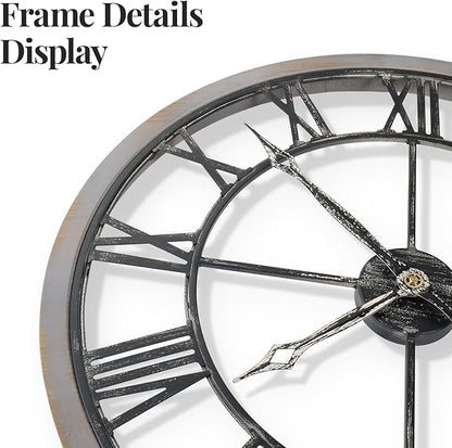 Large Wall Clock 24 Inch, Big Round Clock Decorative Battery Operated with Solid Wood Frame Non-Ticking Silent, Farmhouse Wooden Wall Clocks for Living Room, Kitchen, Office