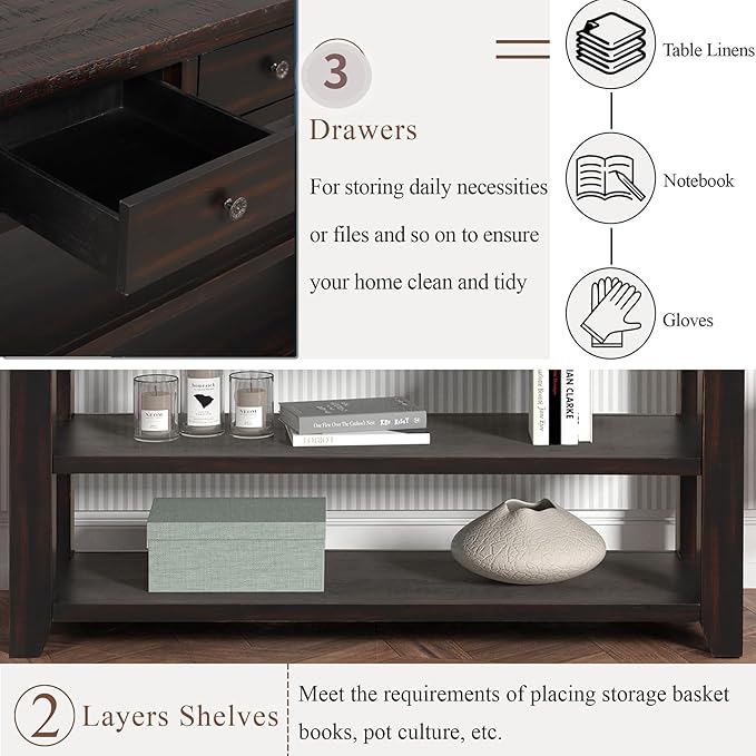 LKTART Solid Wood Console Table,Sofa Table with Storage Drawers and Bottom Shelf,Entryway Table for Entry Hallway Foyer,Easy Assembled (48.8" Distressed Black)