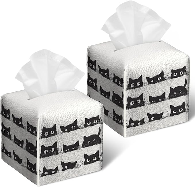 Cute Black Cat Tissue Box Cover 2PCS, Leather Tissue Box Holder Square Facial Paper Case Tissue Box Cube Organizer for Bathroom Bedroom Desk Office