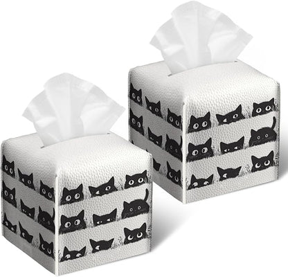 Cute Black Cat Tissue Box Cover 2PCS, Leather Tissue Box Holder Square Facial Paper Case Tissue Box Cube Organizer for Bathroom Bedroom Desk Office