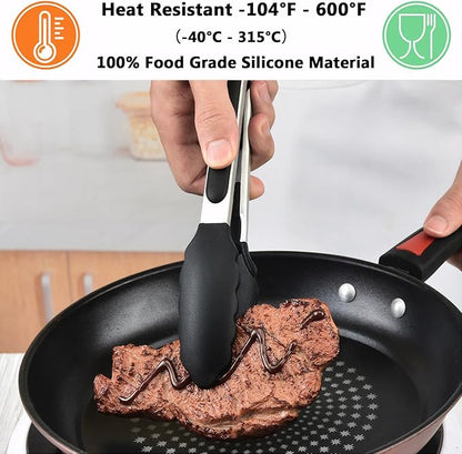 IOCBYHZ Kitchen Silicone Tongs for Cooking with Nonslip Silicone Tips, 600°F Heat Resistant Cooking Food Tong Set Heavy Duty Stainless Steel Handle for Baking Grilling Serving, 3 Pack (7" & 9" & 12")