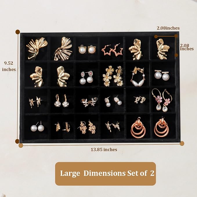 Large Velvet Jewelry Tray 2 Pack Stackable Jewelry Display Drawer Inserts Trays Organizer for Earring Bracelet Necklace Ring (Black, 12 Grids+24 Grids)