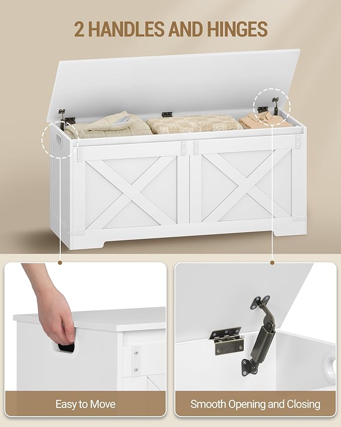 42.9" Storage Chest, Large Storage Trunk with 2 Hinges, Farmhouse Wooden Box Bench, Lift-Top Organizer Chest, Entryway Trunk for Bedroom, Living Room, White SB10903X