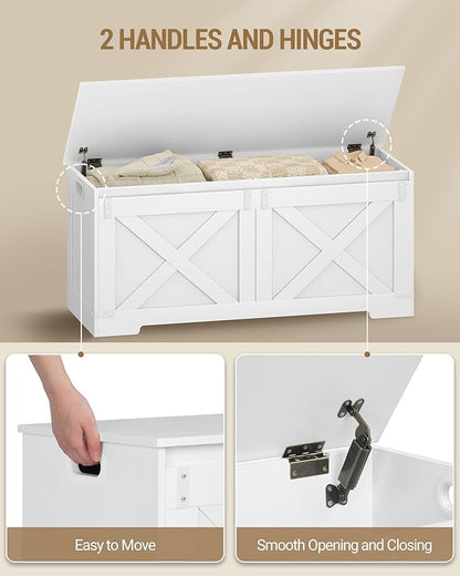 42.9" Storage Chest, Large Storage Trunk with 2 Hinges, Farmhouse Wooden Box Bench, Lift-Top Organizer Chest, Entryway Trunk for Bedroom, Living Room, White SB10903X
