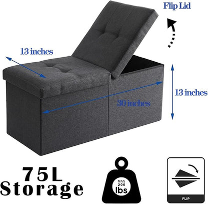 CUYOCA Storage Ottoman Bench Foldable Seat Footrest Shoe Bench End of Bed Storage with Flipping Lid, 75L Storage Space, 30 inches Linen Fabric Navy