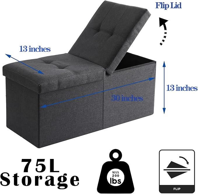 CUYOCA Storage Ottoman Bench Foldable Seat Footrest Shoe Bench End of Bed Storage with Flipping Lid, 75L Storage Space, 30 inches Linen Fabric White, OT026WS