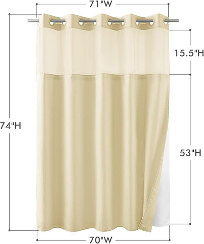 Mrs Awesome No Hook Shower Curtain with Snap-in Liner Less Time On/Off, Embossed Waffle-Look Textured Fabric Shower Curtain for Bathroom, Soft & Lightweight, 71x74, Beige