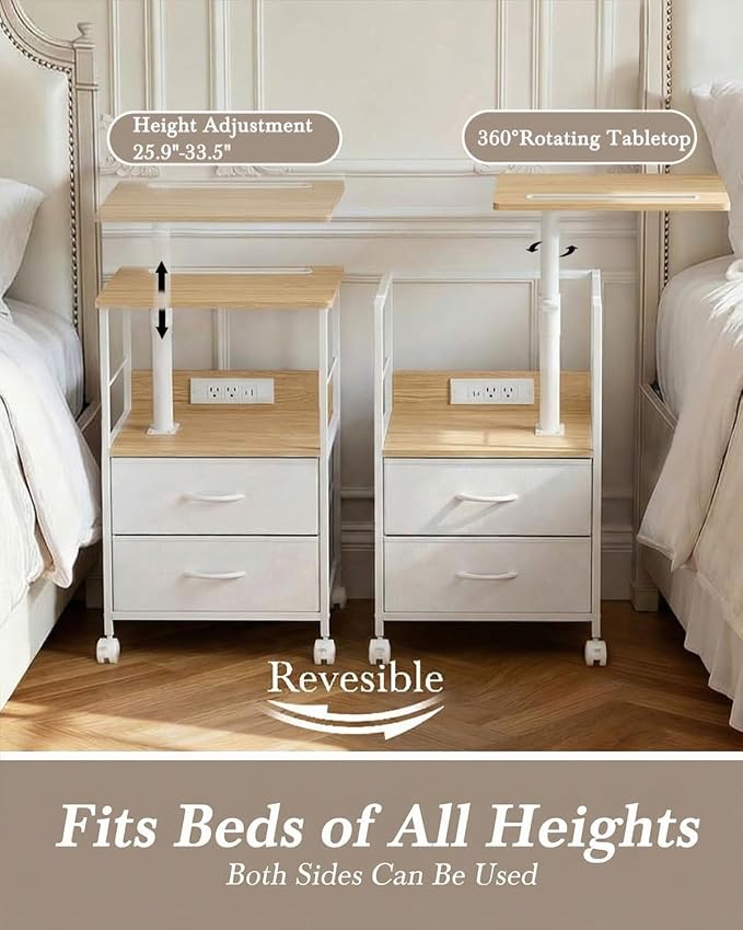 Faesun Swivel Lift Top Nightstand with Charging Station, Rolling Side Table for Recliner, Bedside Table with Wheels & 2 Fabric Drawers, for Small Spaces, for Bedroom, Living Room, Oak White