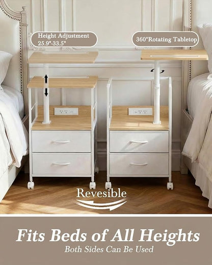 Faesun Swivel Lift Top Nightstand with Charging Station, Rolling Side Table for Recliner, Bedside Table with Wheels & 2 Fabric Drawers, for Small Spaces, for Bedroom, Living Room, Oak White