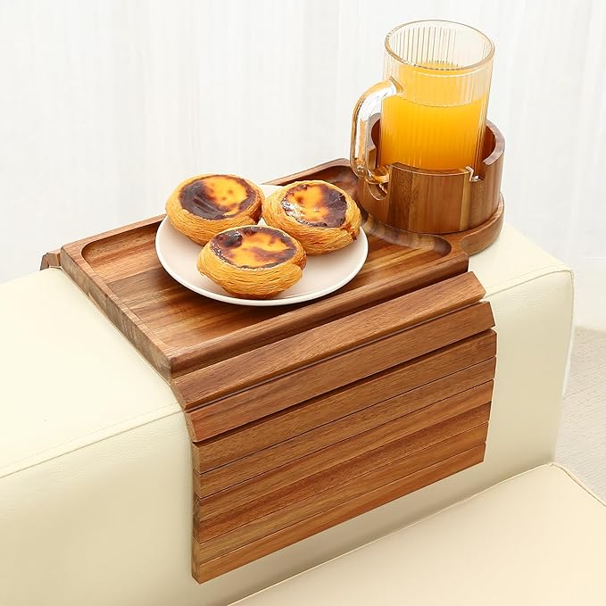 GHKINMAL Couch Cup Holder Tray, Acacia Wood Couch Armrest Table with 360° Ratated Phone Holder, 18.99" Flodable Anti-Slip Sofa Armrest Tray Tables for Snacks Remote Storage