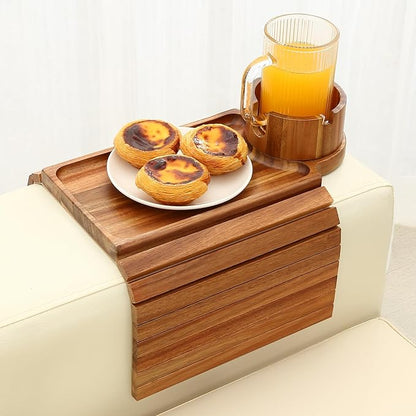 GHKINMAL Couch Cup Holder Tray, Acacia Wood Couch Armrest Table with 360° Ratated Phone Holder, 18.99" Flodable Anti-Slip Sofa Armrest Tray Tables for Snacks Remote Storage
