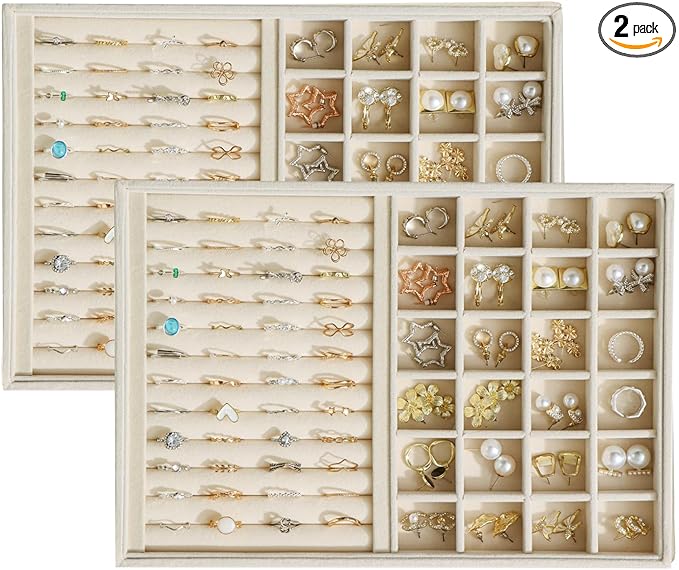Large Velvet Jewelry Tray 2 Pack Stackable Jewelry Display Drawer Inserts Trays Organizer for Earring Bracelet Necklace Ring (Beige, Ring and 24 Grids)
