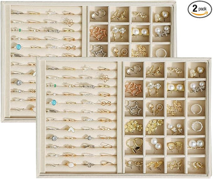 Large Velvet Jewelry Tray 2 Pack Stackable Jewelry Display Drawer Inserts Trays Organizer for Earring Bracelet Necklace Ring (Beige, Ring and 24 Grids)
