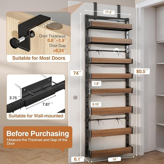 8-Tier Over The Door Pantry Organizer, Heavy-Duty Metal Wall Mount or Hanging Spice Rack, behind the door storage Shelves with Adjustable Basket, Back of Door Organizer for Kitchen Cabinet and Closet