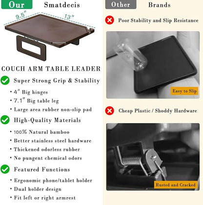 Smatdecis Couch Arm Tray Table Sofa Arm Clip, Armrest Tray Table Suitable for Home Drinks/Fast Food/Fruit Etc, Large Size Multi-Function Brown(Dual Phone/Tablet Holder)