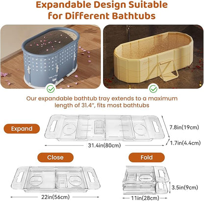 Expandable Bathtub Tray, Foldable Bath Tray for Tub, Acrylic Bath Table Trays Storage Rack, Bath Tub Tray for Bathtub & Bathroom Accessories (Transparent Bathtub Tray, 22"L x 7.8"W x 1.7"H)