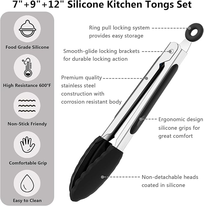 IOCBYHZ Kitchen Silicone Tongs for Cooking with Nonslip Silicone Tips, 600°F Heat Resistant Cooking Food Tong Set Heavy Duty Stainless Steel Handle for Baking Grilling Serving, 3 Pack (7" & 9" & 12")