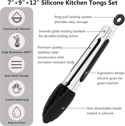 IOCBYHZ Kitchen Silicone Tongs for Cooking with Nonslip Silicone Tips, 600°F Heat Resistant Cooking Food Tong Set Heavy Duty Stainless Steel Handle for Baking Grilling Serving, 3 Pack (7" & 9" & 12")